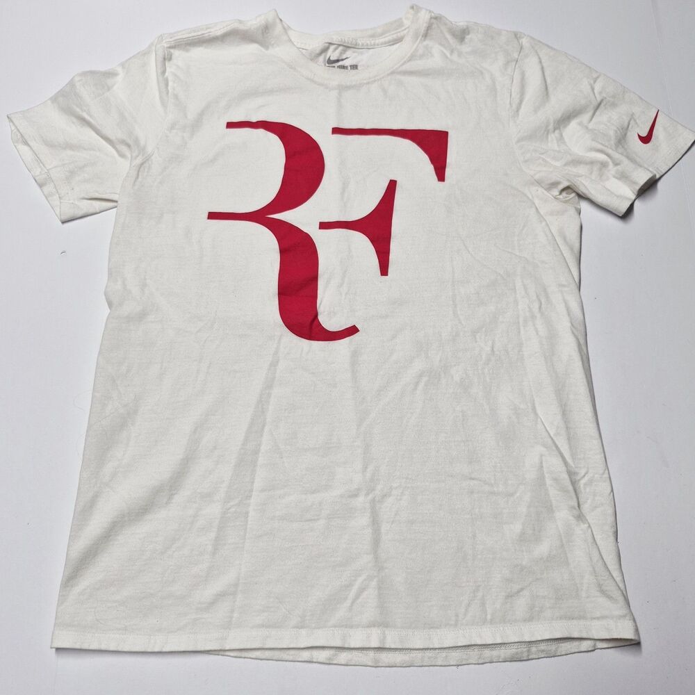Nike Roger Federer RF Logo Shirt Mens M White Tennis Tenniscore Foundation EUC